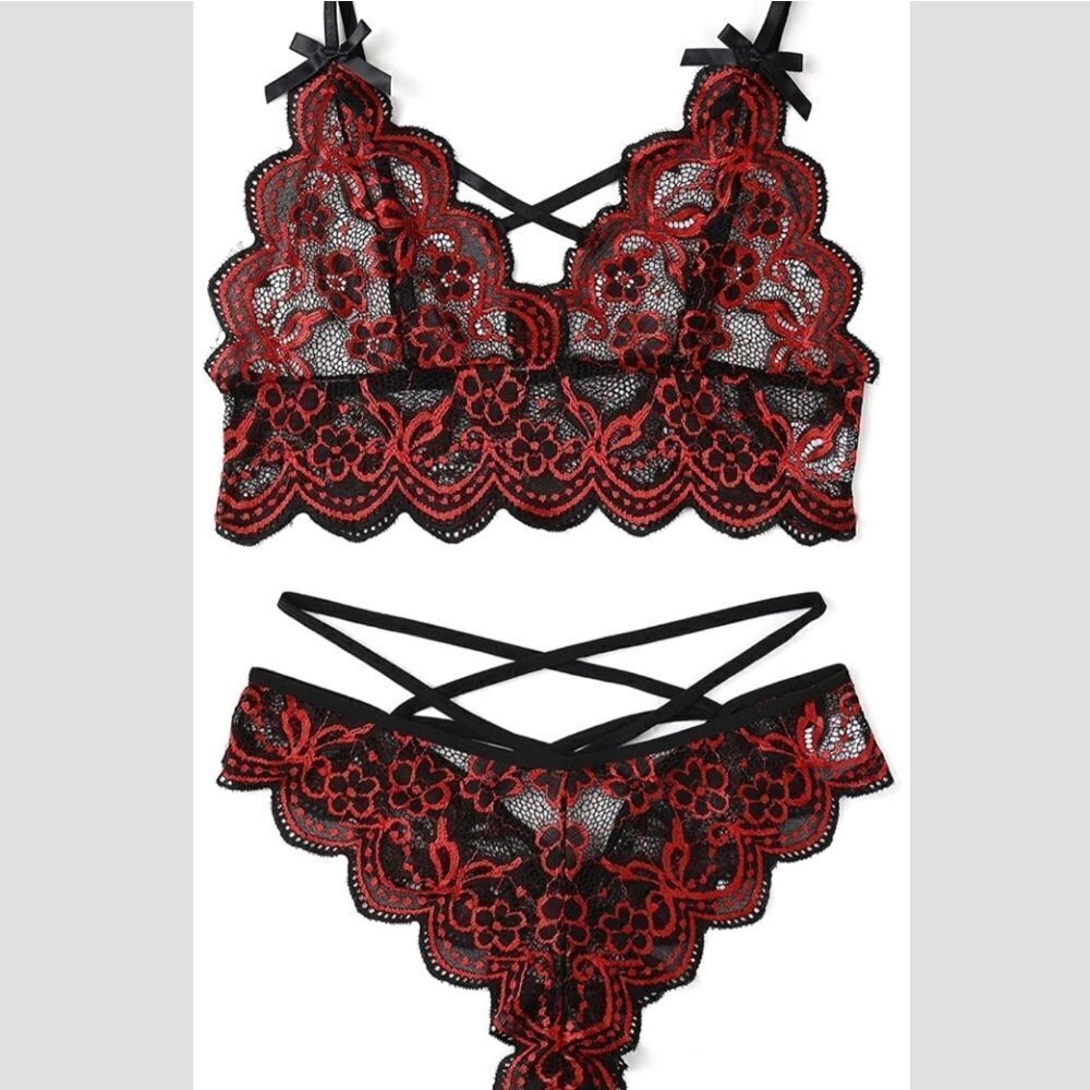 🔥 Sexy Red & Black Lingerie Set Bra & Panties - Picture 4 of 7